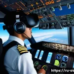 파일럿 훈련용 VR 및 AI 기술 - A highly detailed cockpit scene inside a modern flight simulator using virtual reality technology, s...