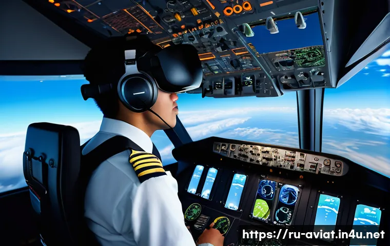 파일럿 훈련용 VR 및 AI 기술 - A highly detailed cockpit scene inside a modern flight simulator using virtual reality technology, s...