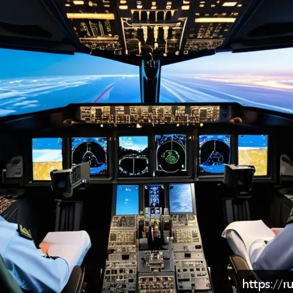 항공기 전자 시스템 및 계기 - A modern airplane cockpit featuring advanced digital multi-function displays and smart sensors activ...
