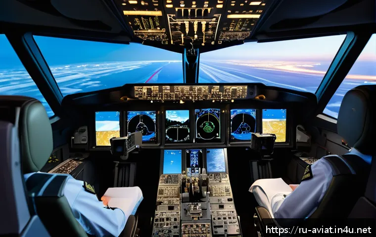 항공기 전자 시스템 및 계기 - A modern airplane cockpit featuring advanced digital multi-function displays and smart sensors activ...