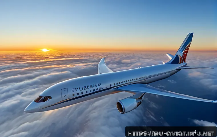 Home 17 항공기 연료 효율성과 환경 영향 - Photorealistic wide-angle view of a modern passenger aircraft cruising above a vast layer of white c...