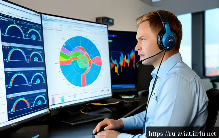 비행 데이터 분석 및 FDR 해석 - Photorealistic aviation safety analyst in a modern Moscow flight operations office, studying a large...